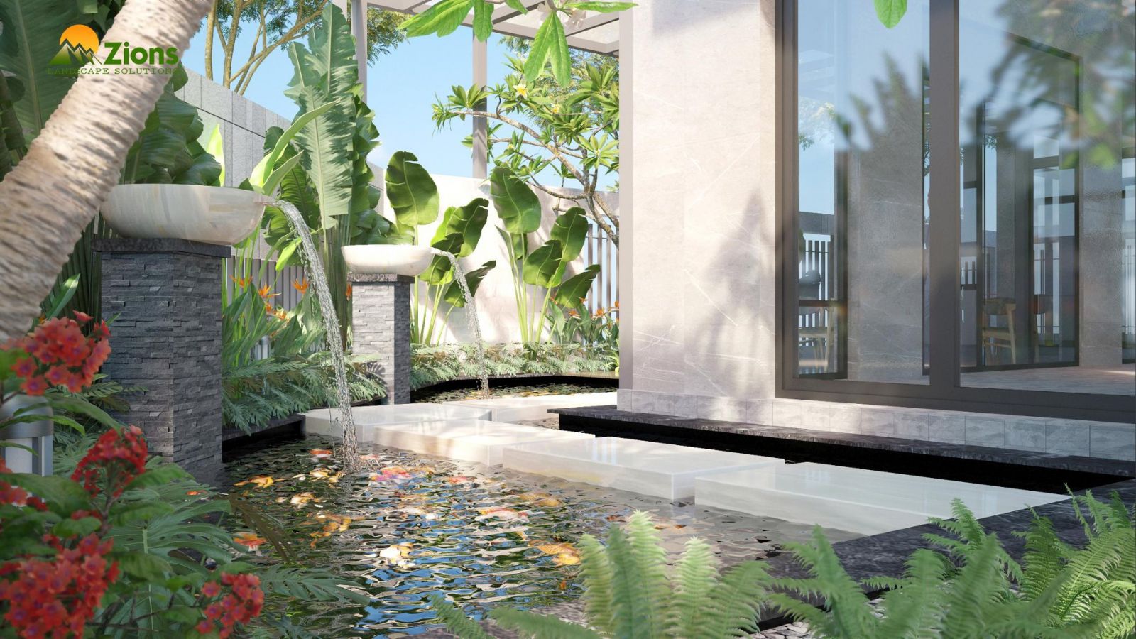 Thiết kế sân vườn nhà cấp 4 kết hợp hồ cá koi